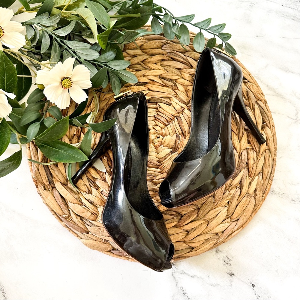Louis Vuitton 'Oh Really!" Black Patent Leather Open-Toe Pump Gold LV Padlocks